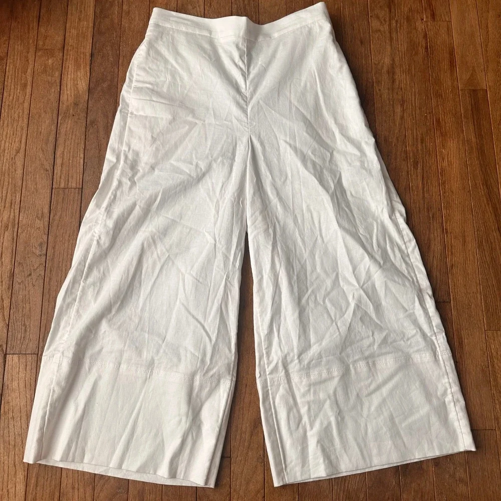 Banana Republic Wide Leg Cropped Pants Womens Medium Linen Blend White Modern